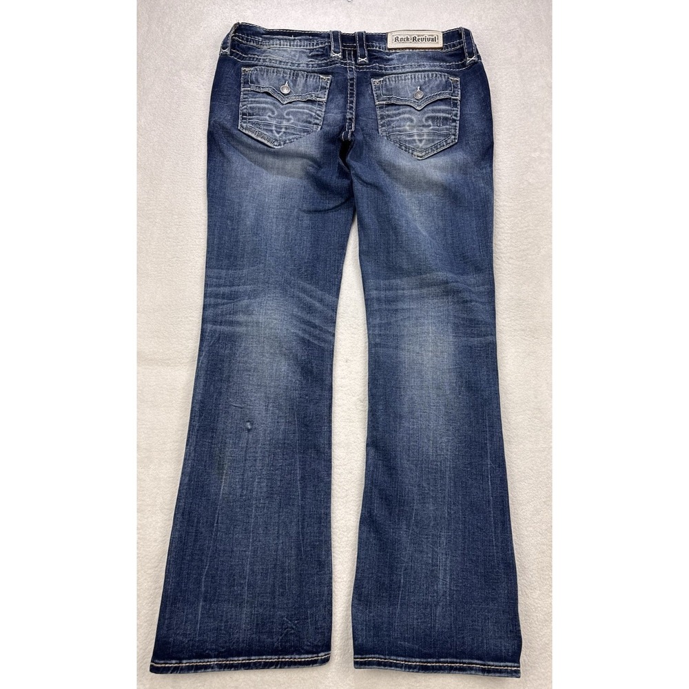 Rock Revival Melora Jeans W 32x31 Blue Boot Thick Stitch Whisker Distress Denim